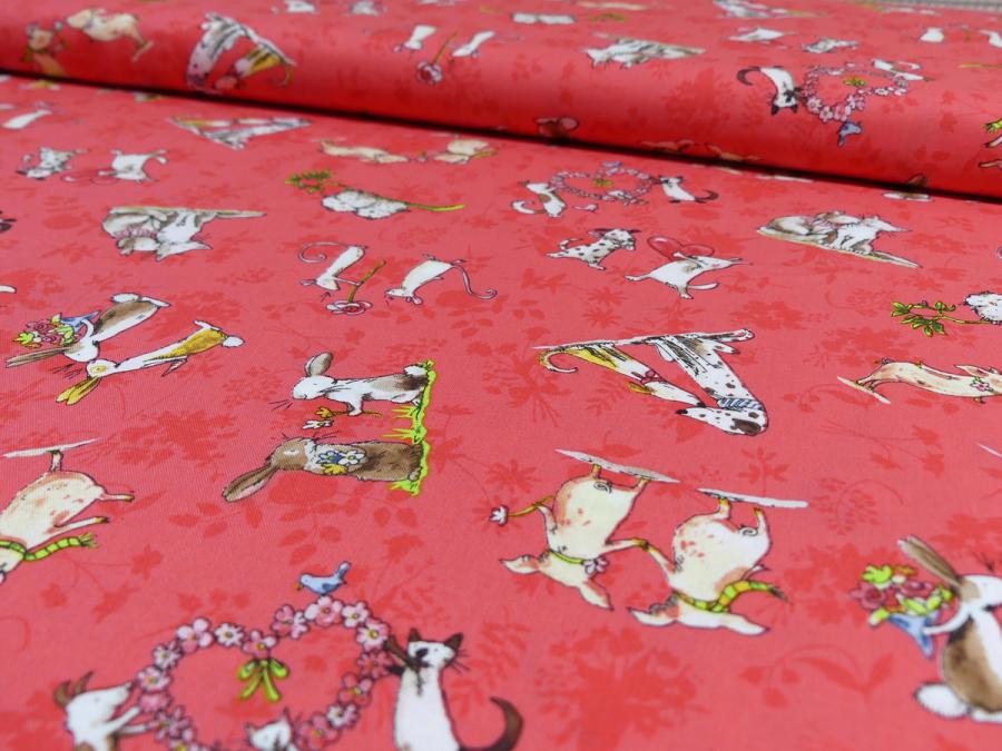 Preview: Patchworkstoff From the Hearts mit Mäusen, Hernezn, Hasen, Hunden, Schweinchen auf rotem Untergrund con Clothworks
